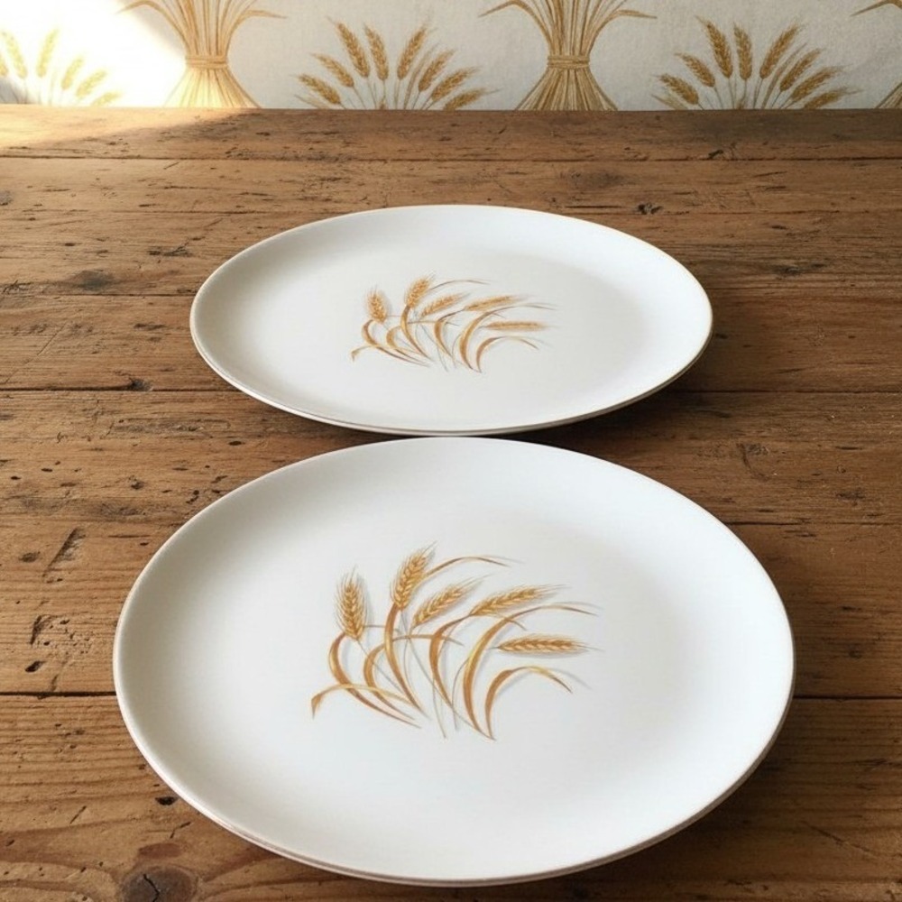 Homer Laughlin Golden Wheat 22K Gold Trim Dinner Plates Set of 2 Vintage 1950s